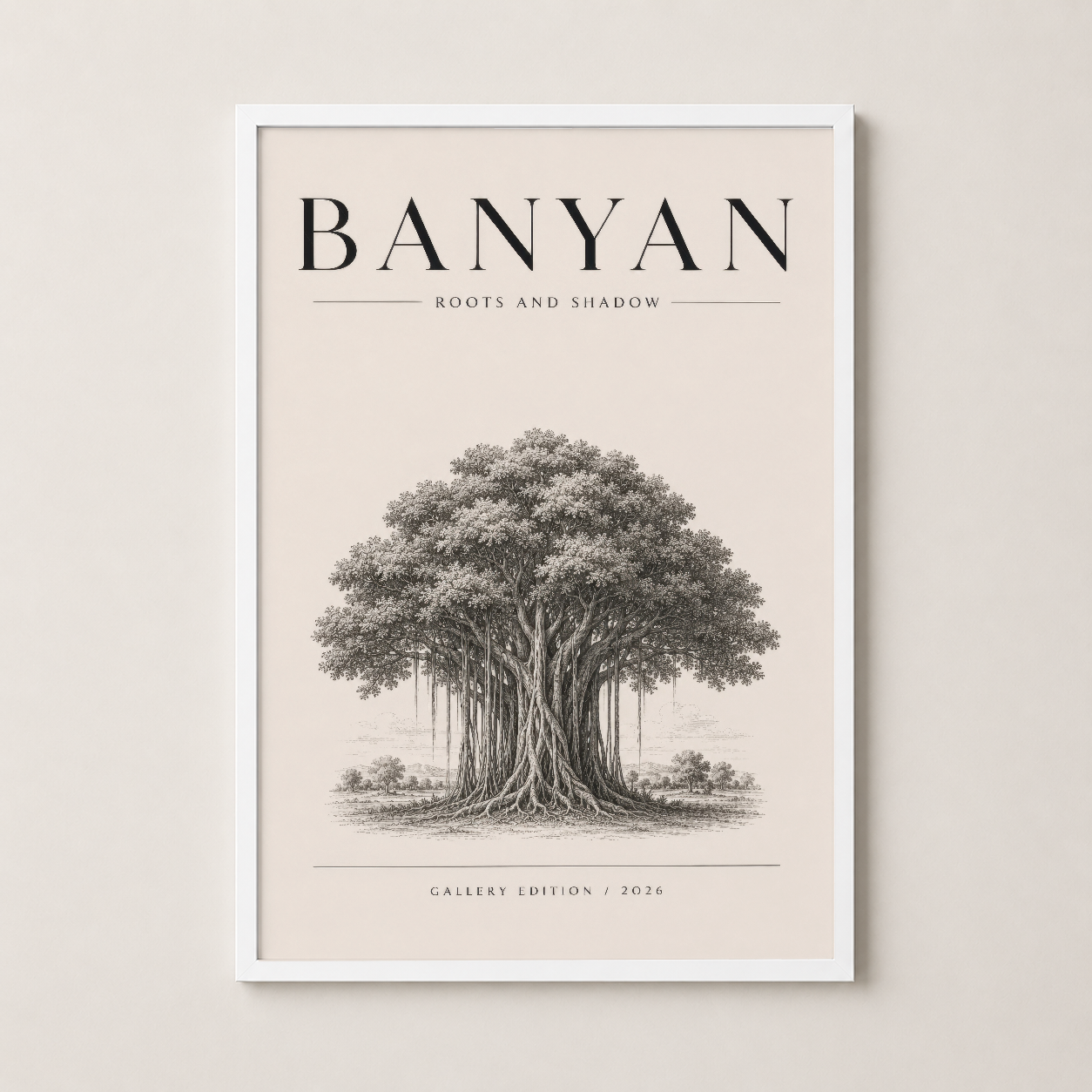 Banyan tasarımı beyaz çerçevede sergilenen, açık ve temiz modern dekorasyon için ideal sanat eseri