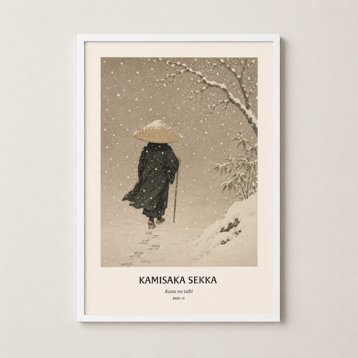 Kamisaka Sekka Kar Yağışı tablosu beyaz çerçevede: geleneksel Japon sanatının sessiz güzelliği her ortama uyum sağlıyor.