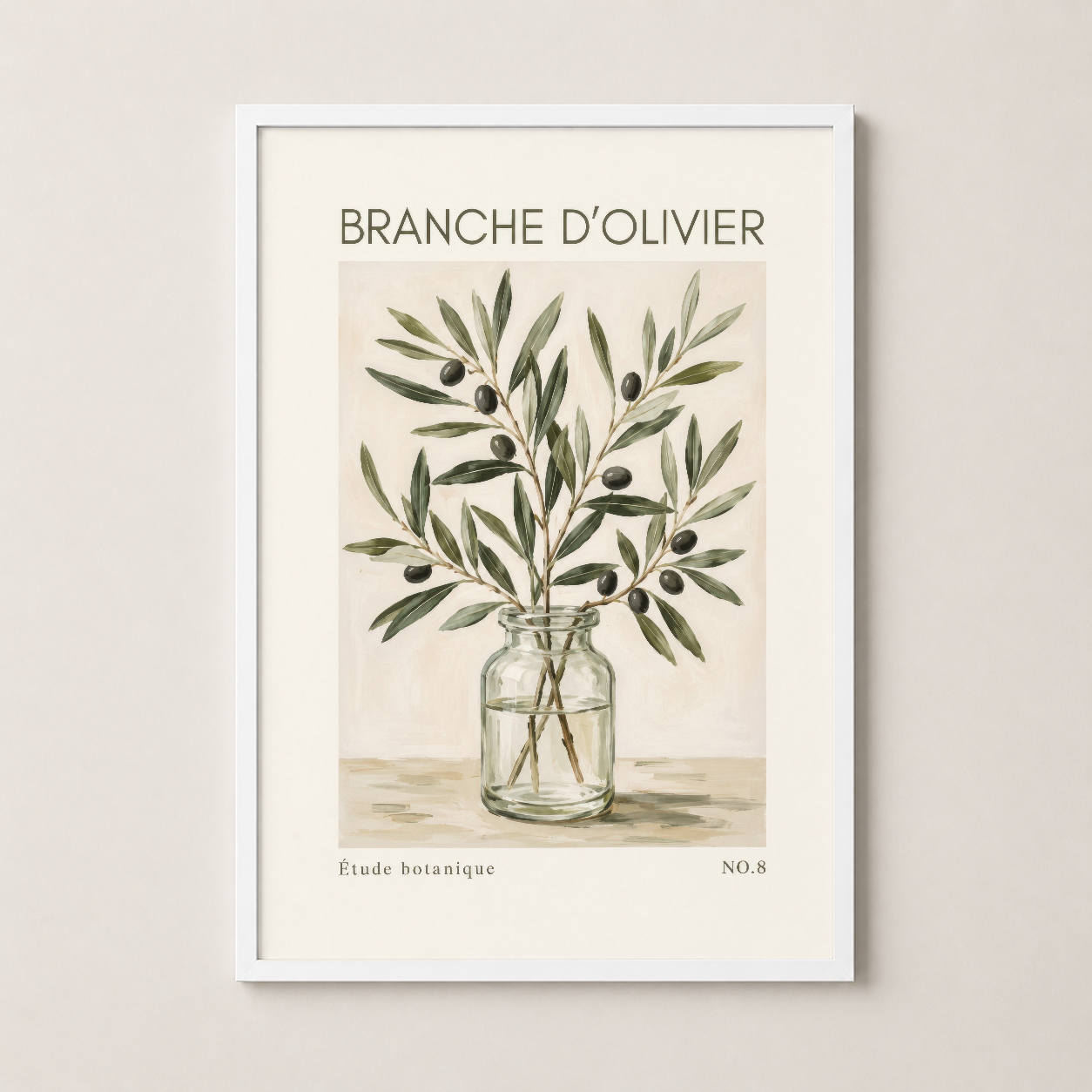 Beyaz çerçeveli poster, klasik botanik çizimi tarzında zeytin dalının sanat tablosu.