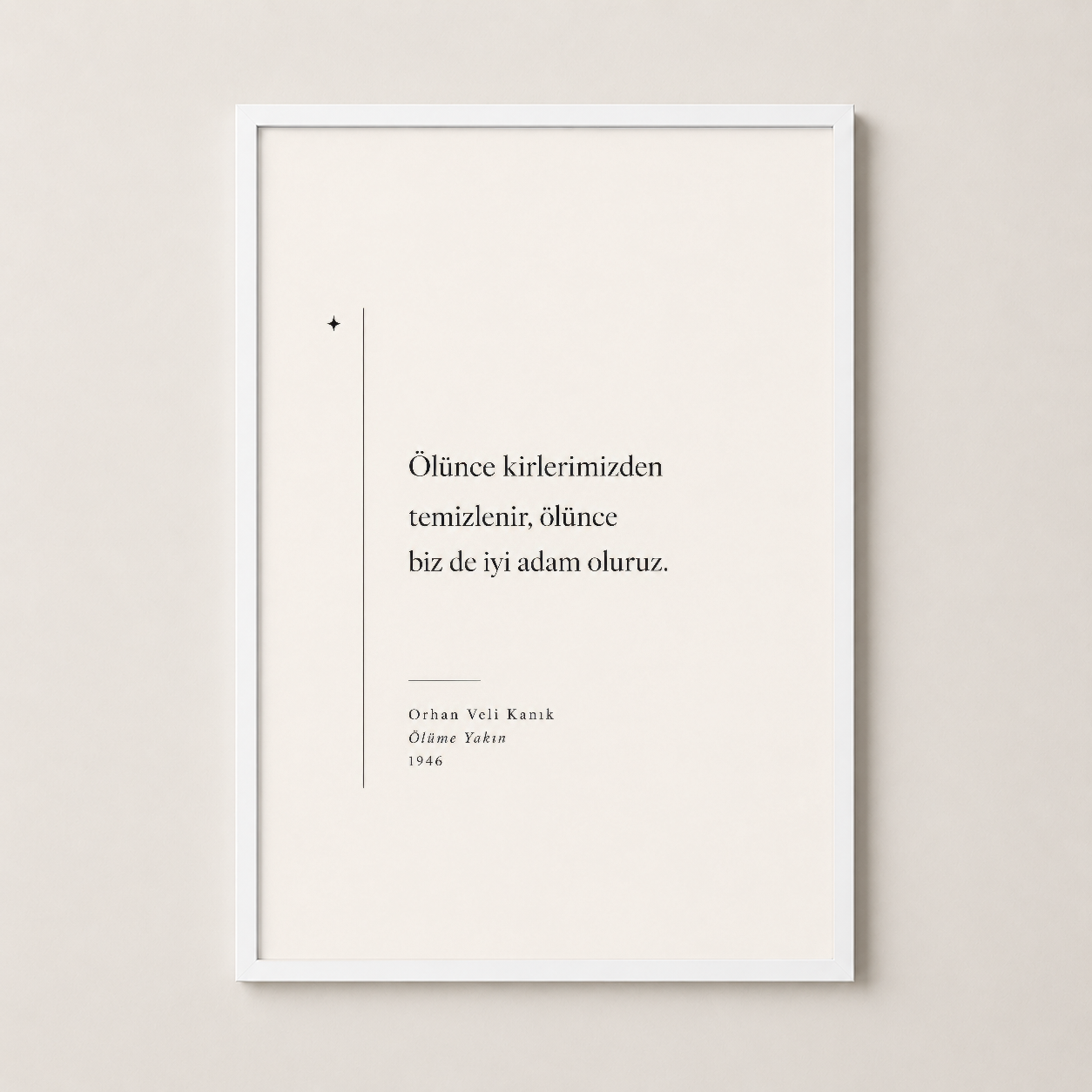 Beyaz çerçeveli sanat poster, aydınlık iç mekanlar için uyumlu, Türk edebiyatından ilham alan tekstil ve minimalist
