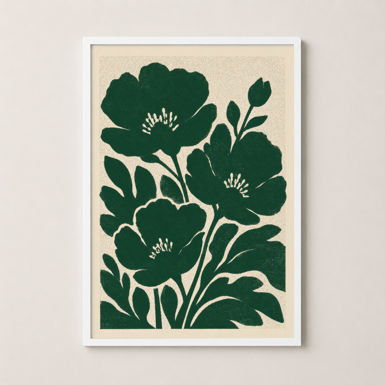 Beyaz çerçeveli botanik çiçek posteri, zarif ve minimalist duvar sanatı.