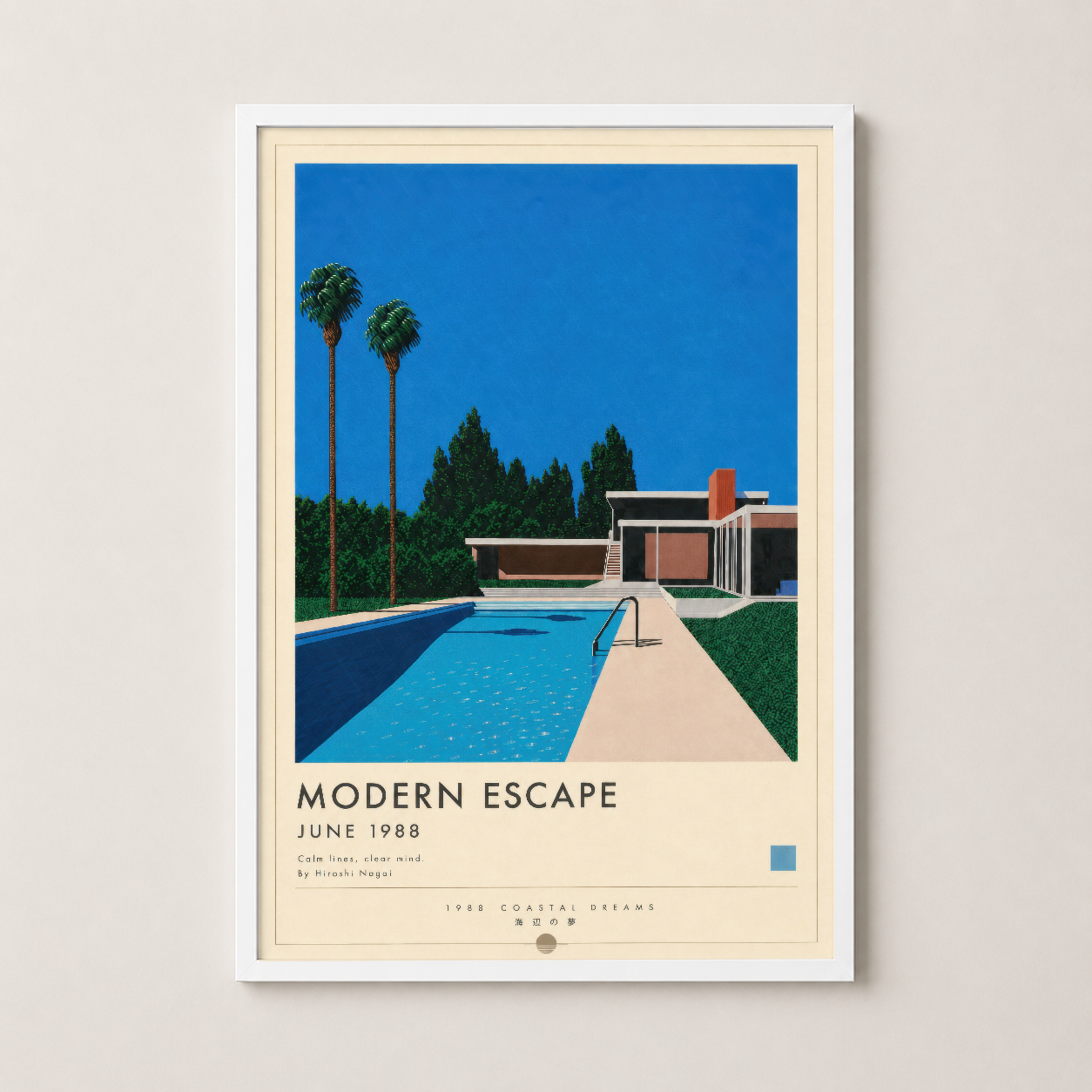 Modern Escape posteri beyaz çerçevede, 1988 kıyı hayali teması ile tasarlanmış duvar tablosu.