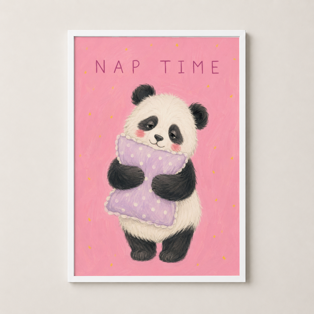 Beyaz çerçeveli, pembe zemin üzerine mor battanılı panda karakterinin sanat baskı tablosu.