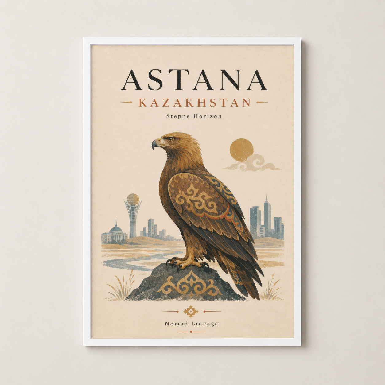Minimalist odada, beyaz çerçeve içinde Steppe Horizon konseptini anlatan tarih tablosu.