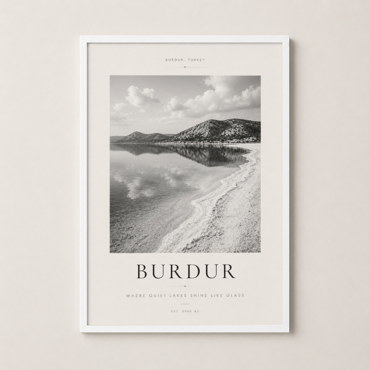 Burdur sanat baskısı beyaz çerçeveli, Türkiye doğa manzarası ve seramik tasarımı modern duvar