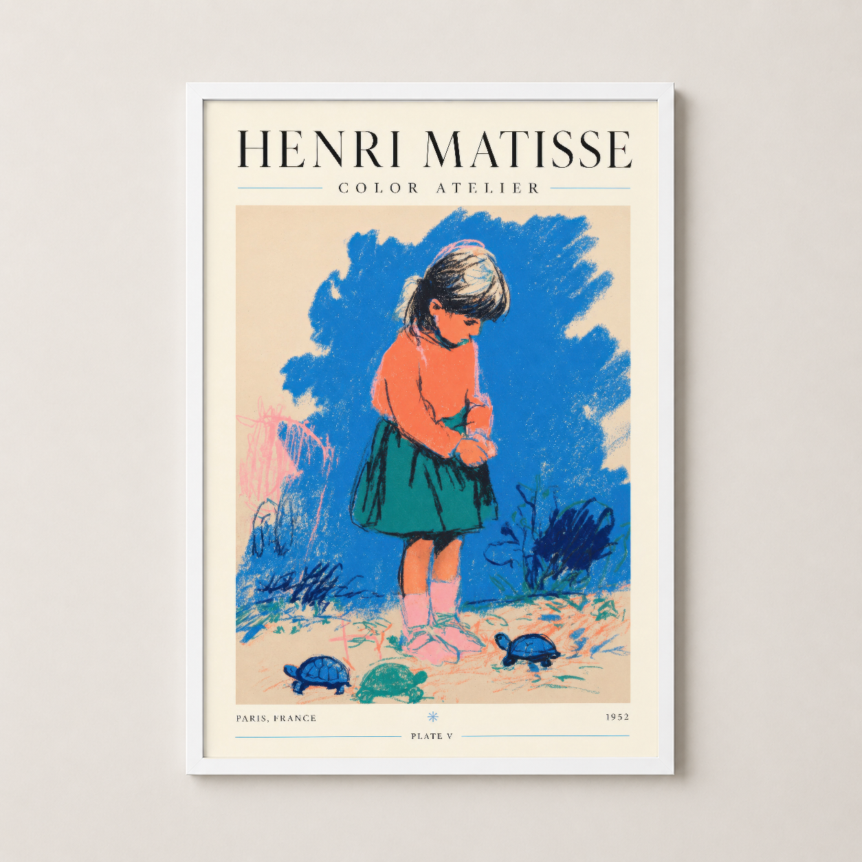 Beyaz çerçevede Henri Matisse'in rengarenk çocuk figürü tablosu, contemporary iç tasarım için ideal.