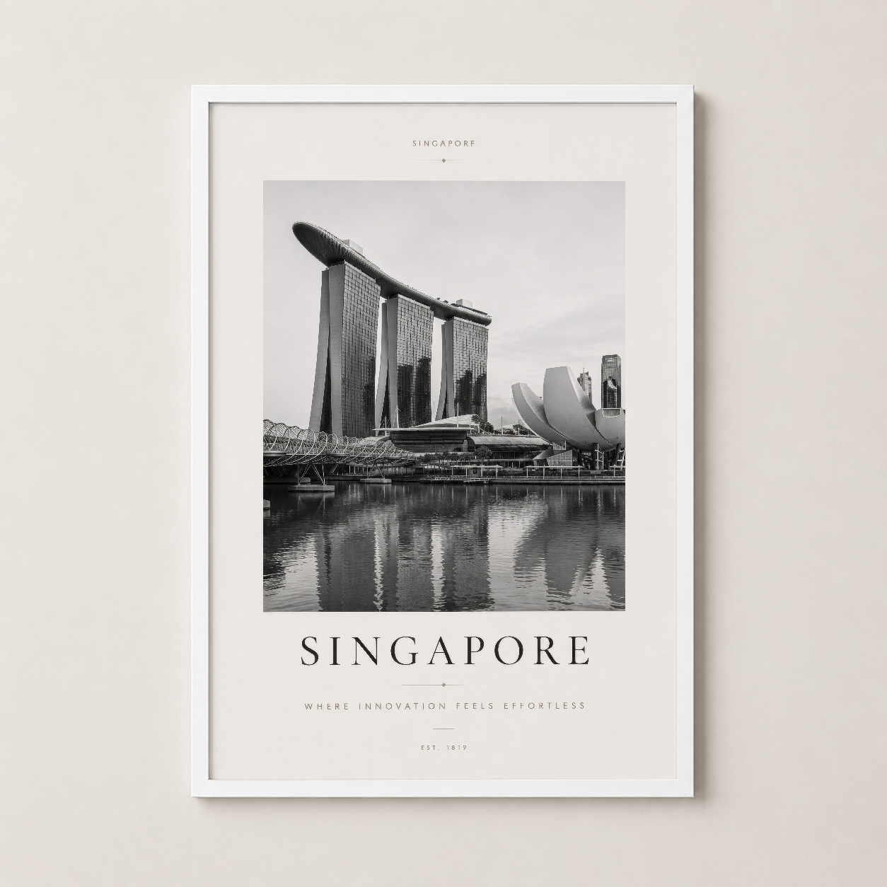Singapur'un futuristik mimarisi beyaz çerçeveli duvar tablosu, çağdaş iç mekan tasarımına mükemmel uyum.