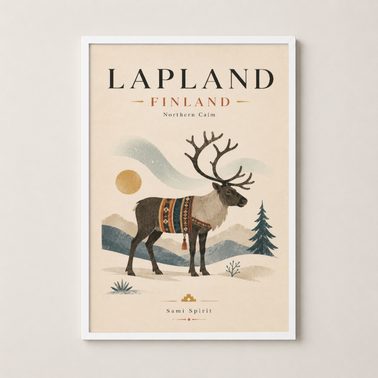 Lapland Finland tablosu, beyaz çerçeveli, Sami ruhunu yansıtan minimize stil ve toprak tonlarıyla oluşturulan görsel.