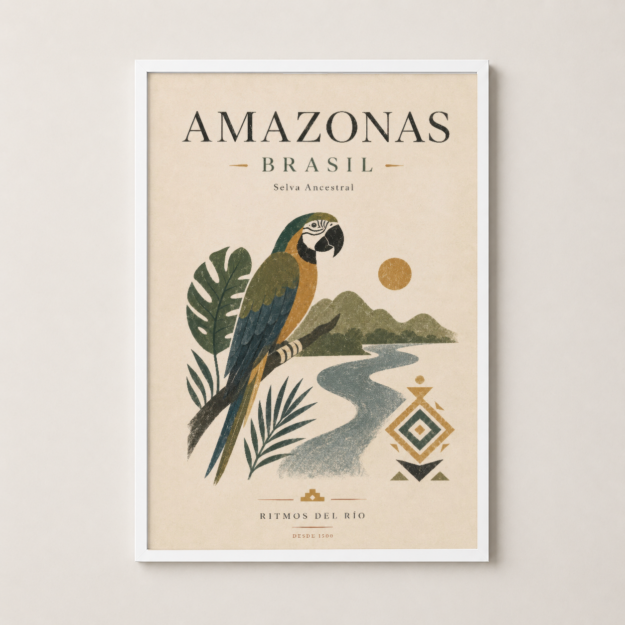 Beyaz çerçeveli Amazonas Brasil tablosu, açık ve minimalist dekorasyon için ideal duvar sanat parçası.