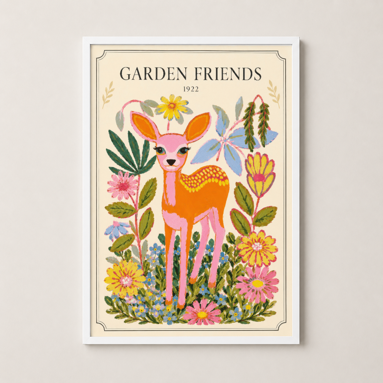 Beyaz çerçeveli Garden Friends posteri, parlak renkli botanik tasarımı ile çocuk odasında veya kreşte neşe katan sanat.