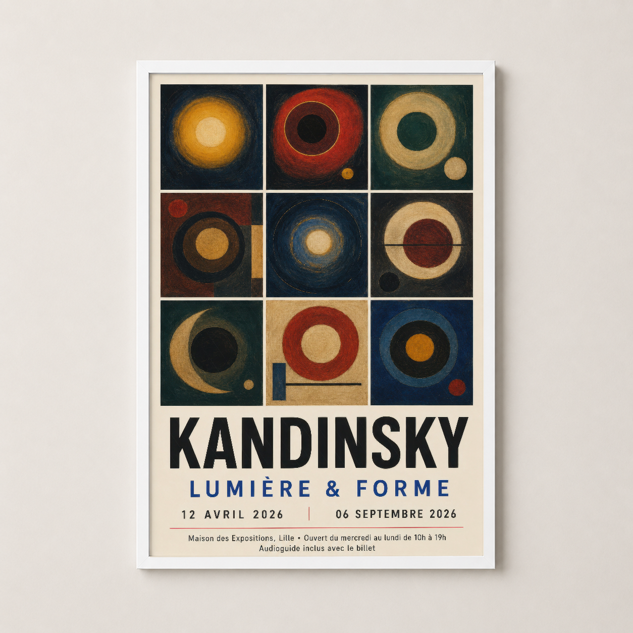 Kandinsky sanat posteri beyaz ahşap çerçevesiyle, vintage ekspozisyon afişinin zarafet ve stilini yansıtıyor.