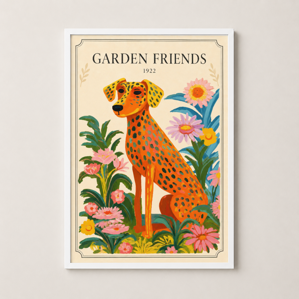 Garden Friends duvar tablosu beyaz çerçeveli, 1920ler botanik stilinde neşeli köpek ve bahçe çiçekleri.