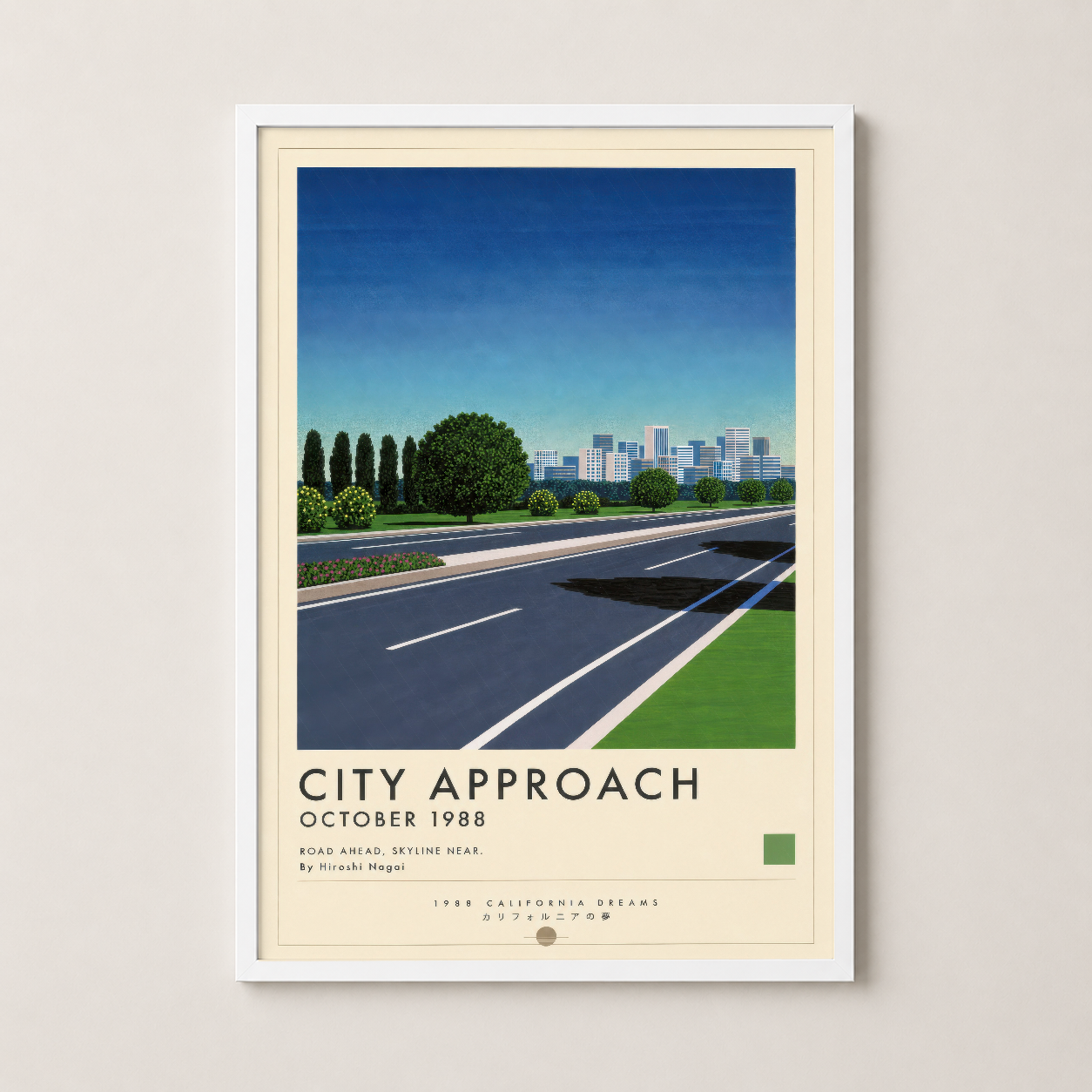City Approach posteri beyaz çerçevede, gökdelenler ve yeşil bitki örtüsü ile uyumlu vintage estetik