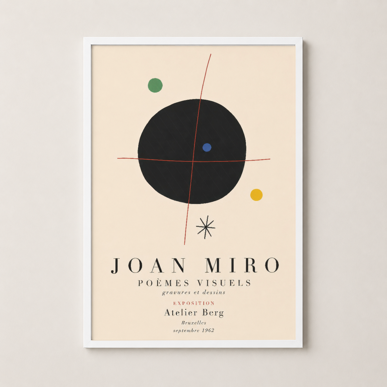 Joan Miro Poemes Visuels tablosu, beyaz çerçevede, geometrik soyut sanat tarzında modern dekorasyon.