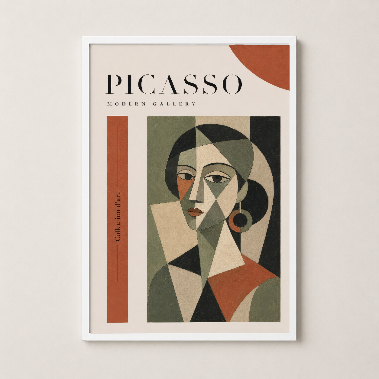 Beyaz çerçeveli Picasso portre tablosu, kubist stil, contemporary sanat koleksiyonu.