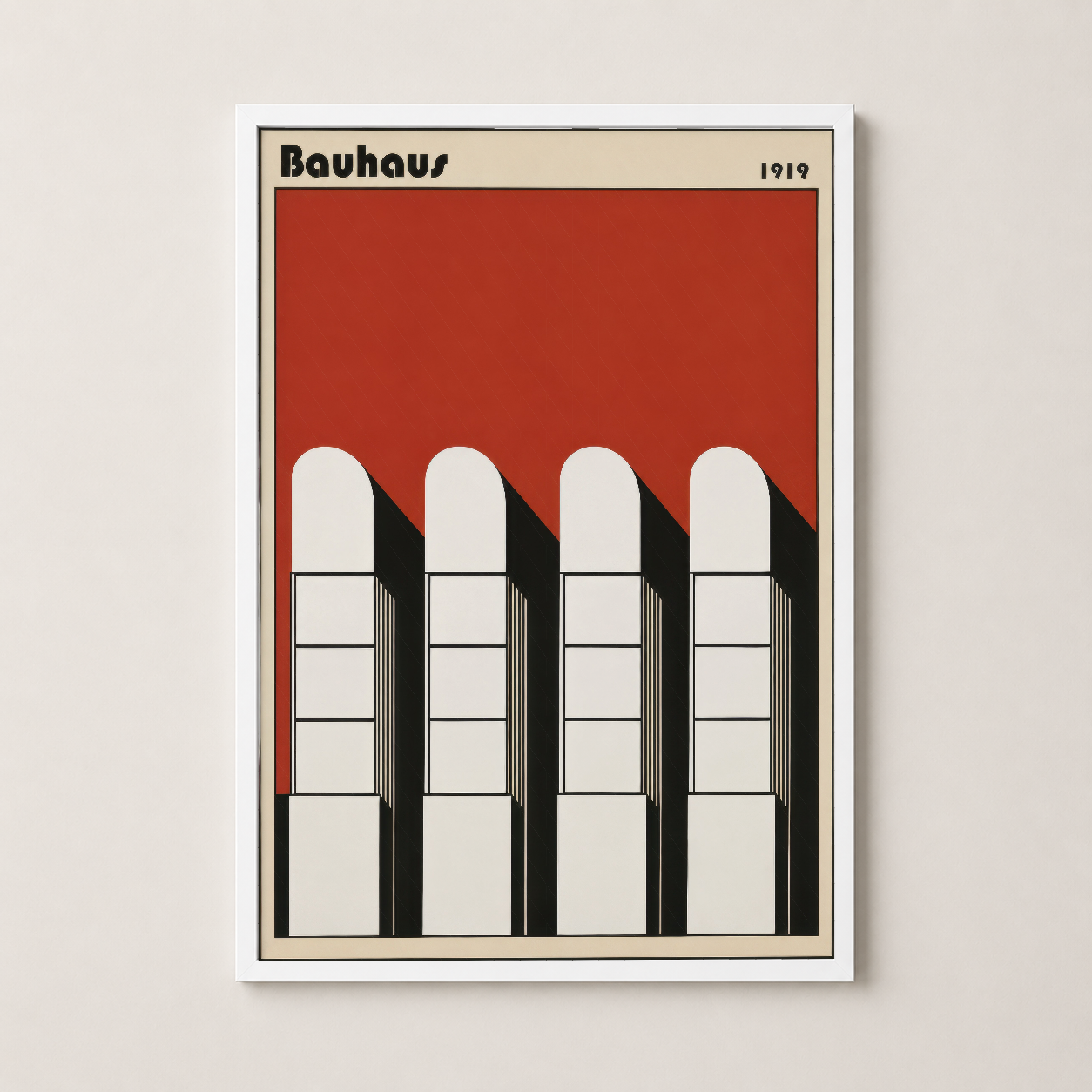 Beyaz çerçeveli Bauhaus sanat tablosu, geometrik pencere motifi ve retro tasarımıyla herhangi bir mekanı şık hale getiren