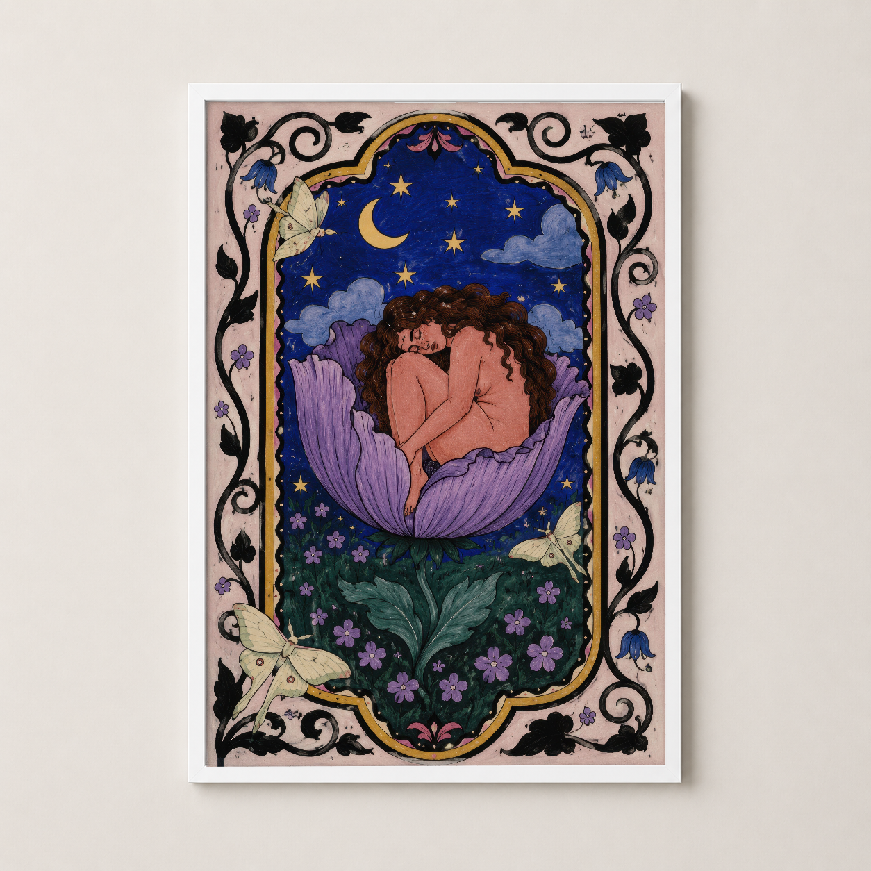Beyaz çerçevede, yıldızlar ve çiçeklerle süslü, kadınsı formların sanat deco tarzında tasarlanmış tablosu.