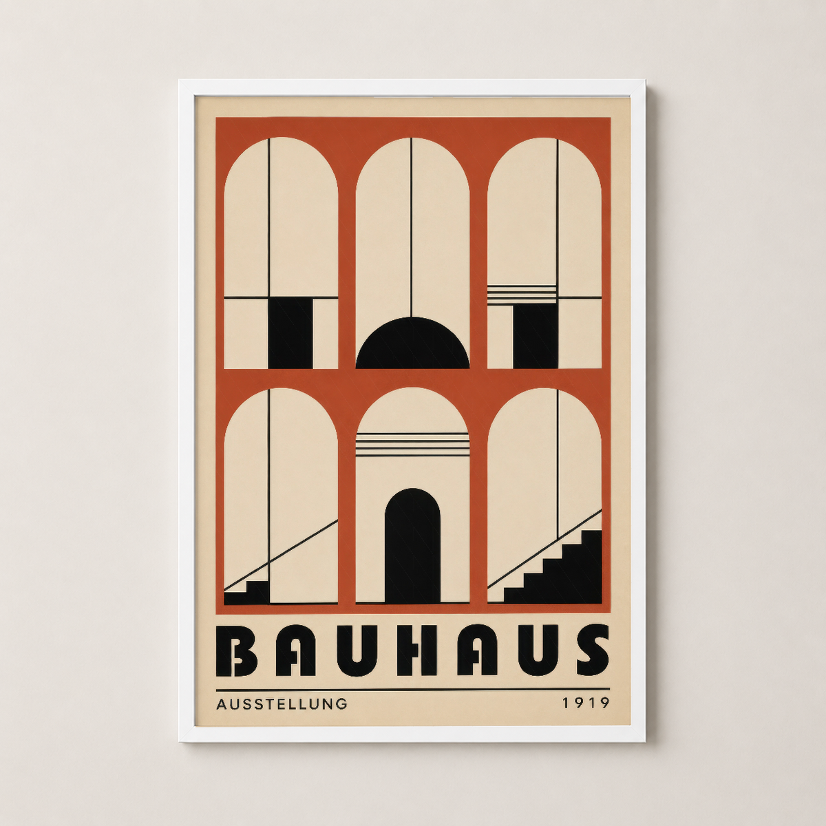 Bauhaus sanat baskısı beyaz çerçeveli, krem ve kırmızı arşitektürel desenler ile çağdaş duvar dekorasyonu.