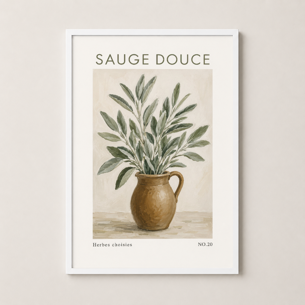 Sauge Douce botanik duvar tablosu, beyaz çerçeveli, şık ve minimalist sanat eseri.