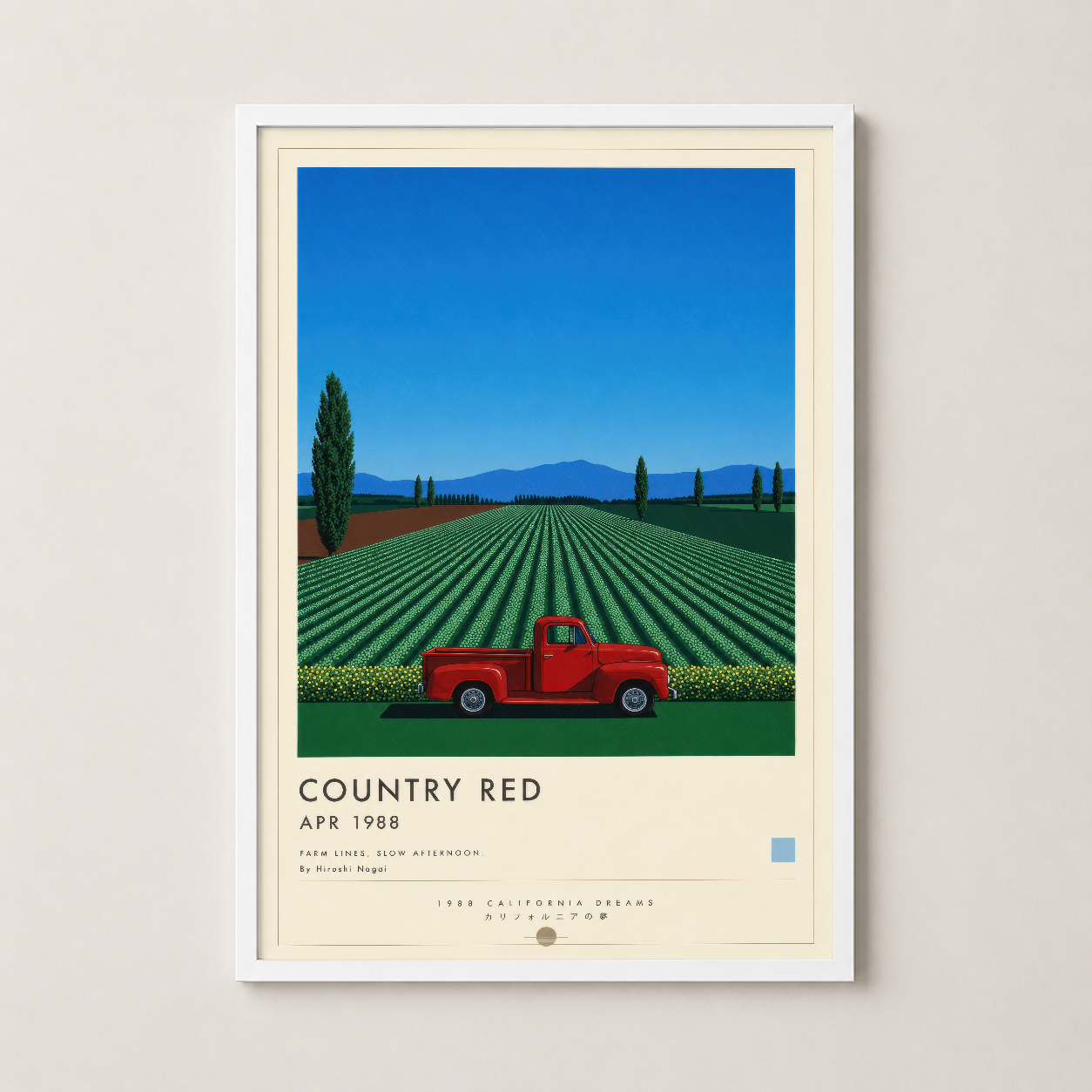 Country Red tablosu beyaz çerçevede, sakin kırsal atmosfer ve minimalist tasarım ile oda dekorasyonu.