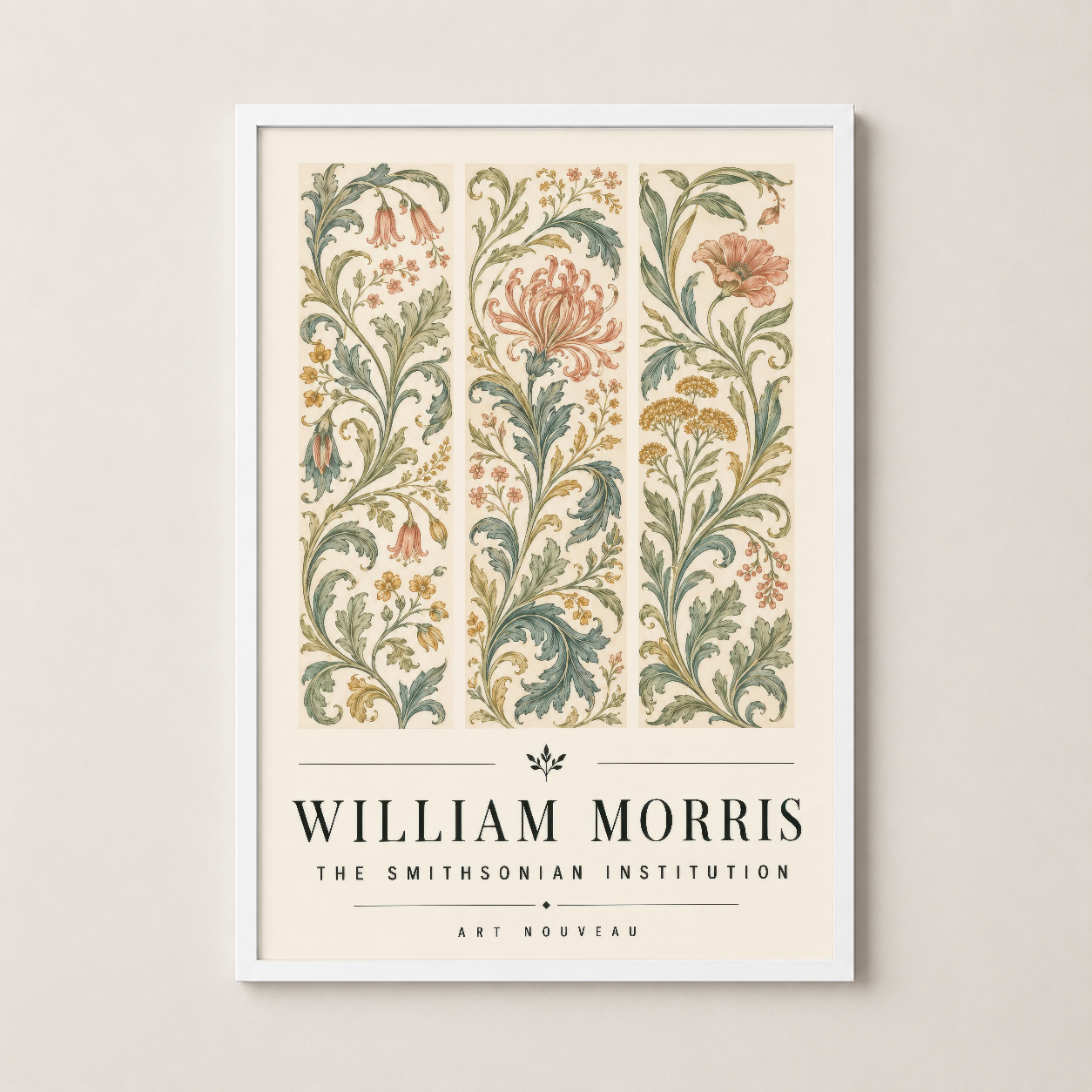 Beyaz ahşap çerçevede, klasik sanat stilinde renkli botanik desenleri gösteren William Morris posteri.