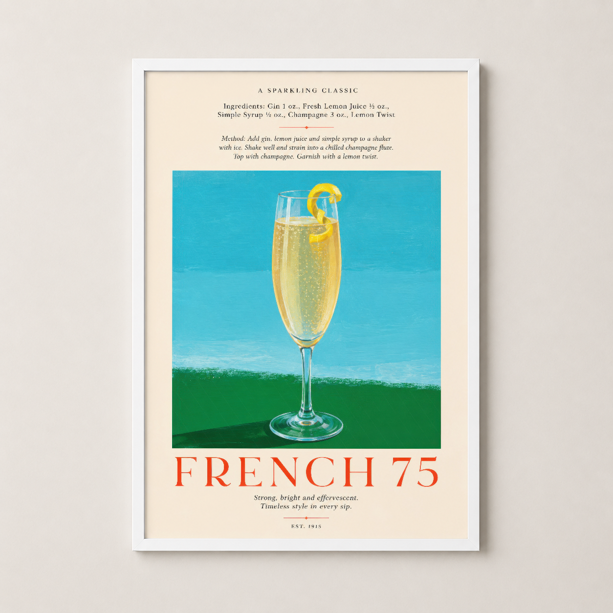 French 75 posteri beyaz çerçeveli, vintage kokteyl illüstrasyonu, aydınlık modern dekorasyonlar için ideal.