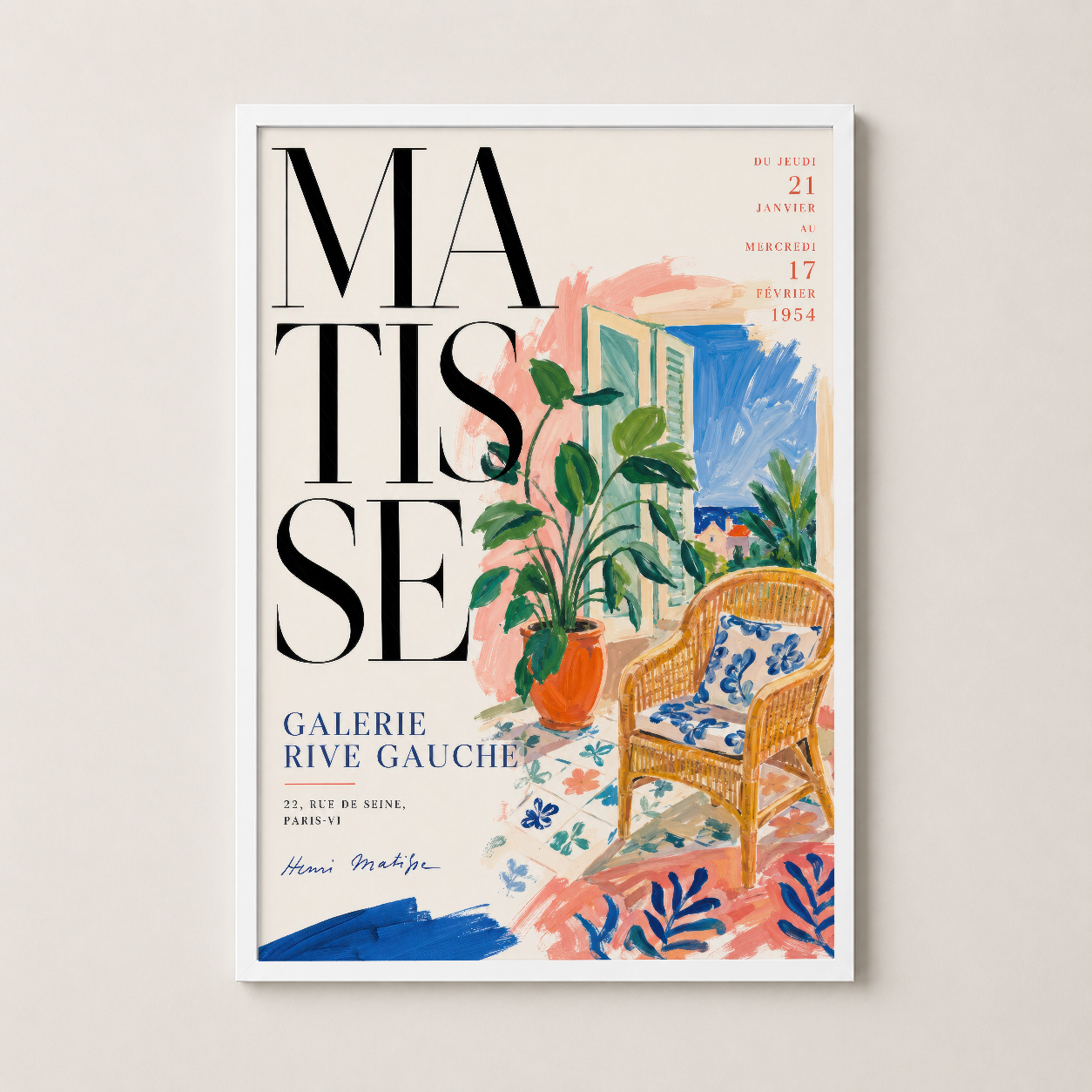 Matisse sanat posteri beyaz çerçeveli, canlı renkleriyle modern duvar dekorasyonu.