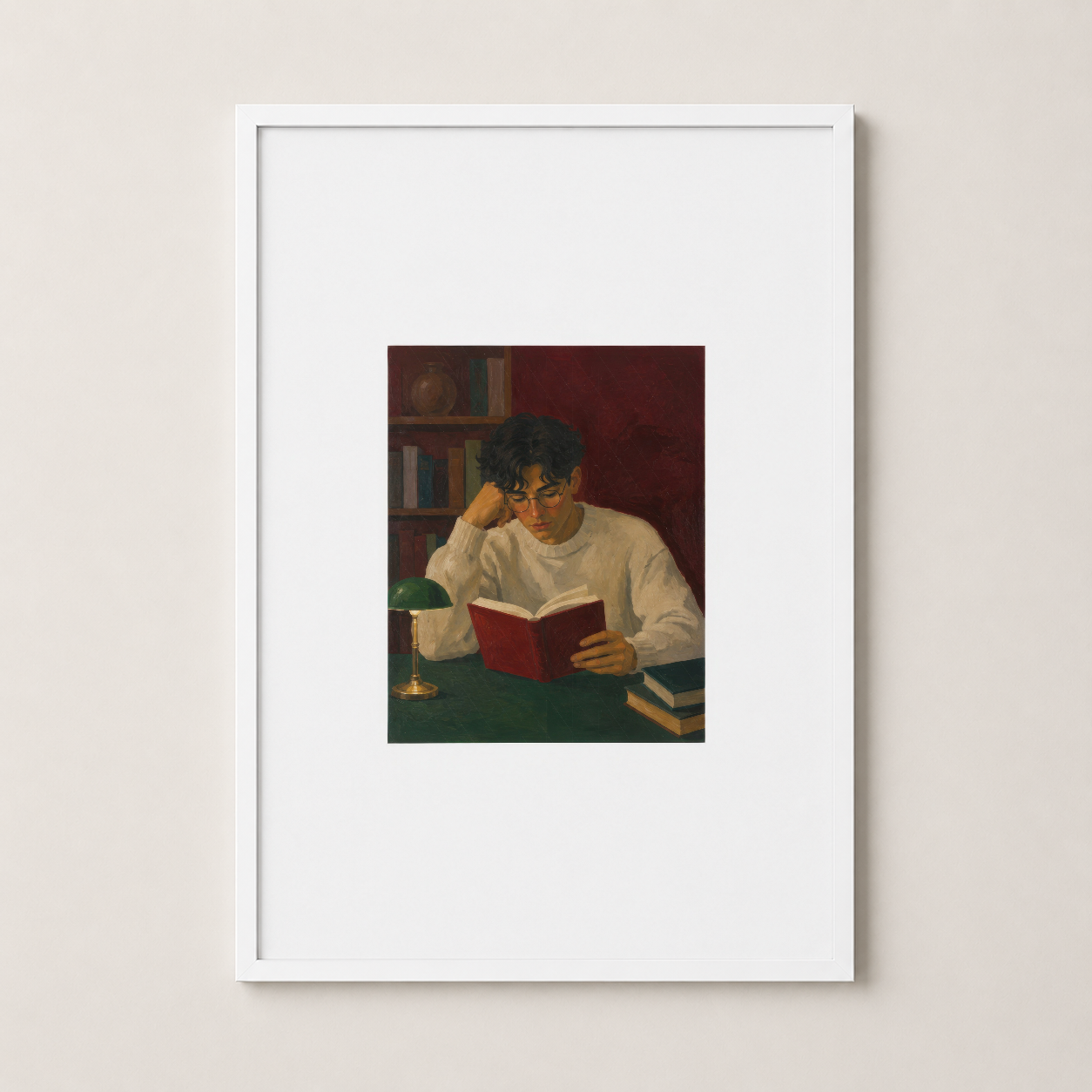Kitap okuyan genç adam portresi beyaz çerçevede, klasik sanat stil, sade ve zarafet bir arada.