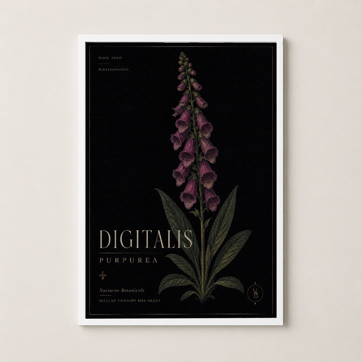 Vintage botanik tasarımlı duvar tablosu beyaz çerçevede, minimalist iç mekan için ideal.