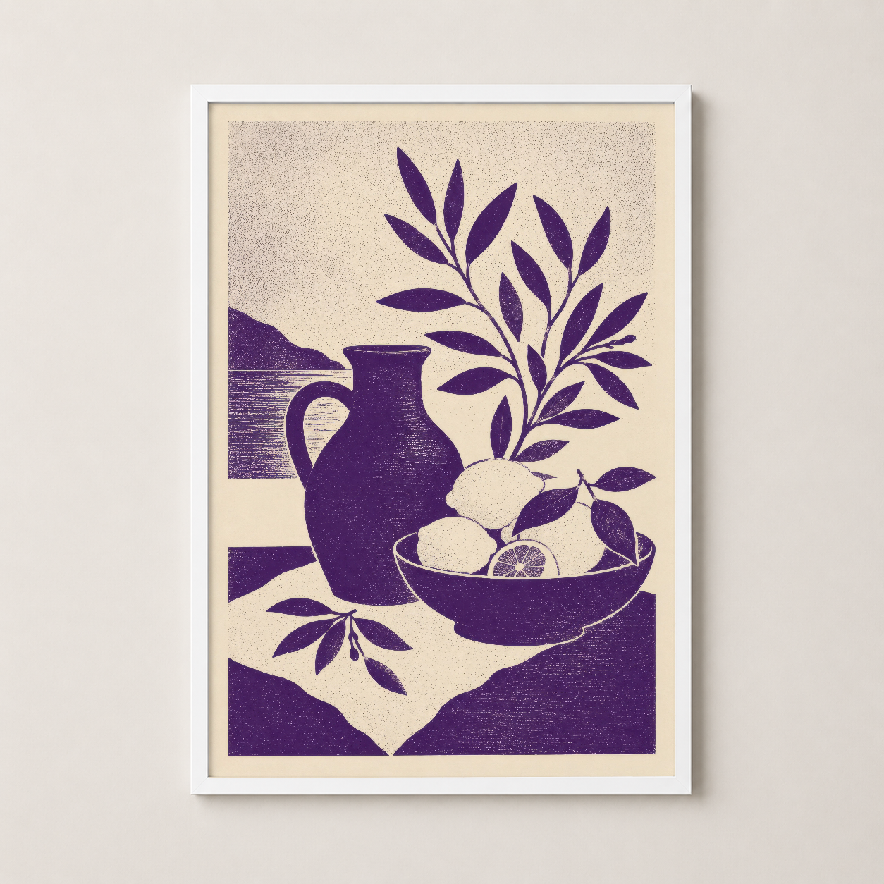Beyaz çerçeveli contemporary art print, minimalist meyve ve botanik motifi.