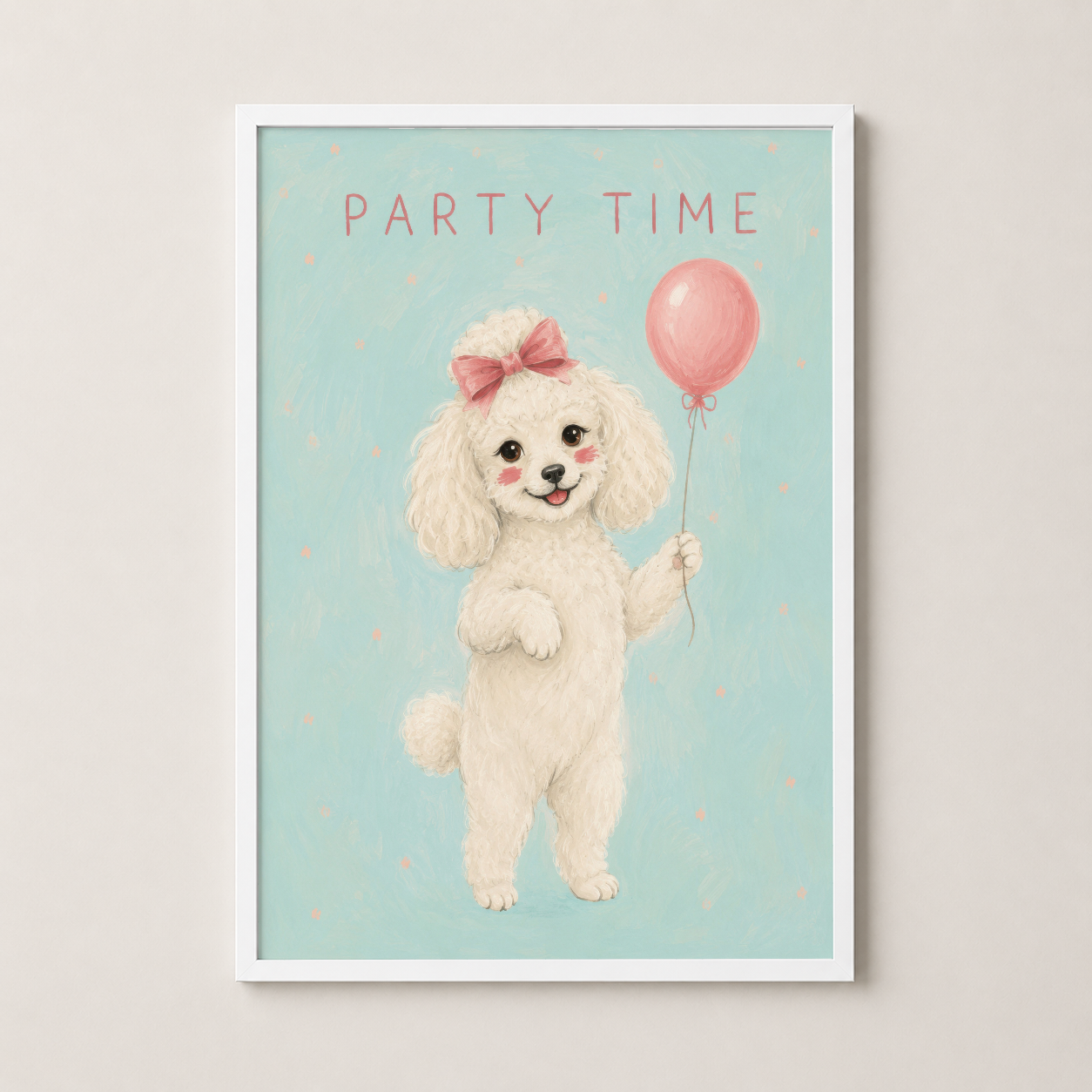 Beyaz çerçeveli minimalist tablo, gülümseyen köpeğin balon tutarken görüntüsü.