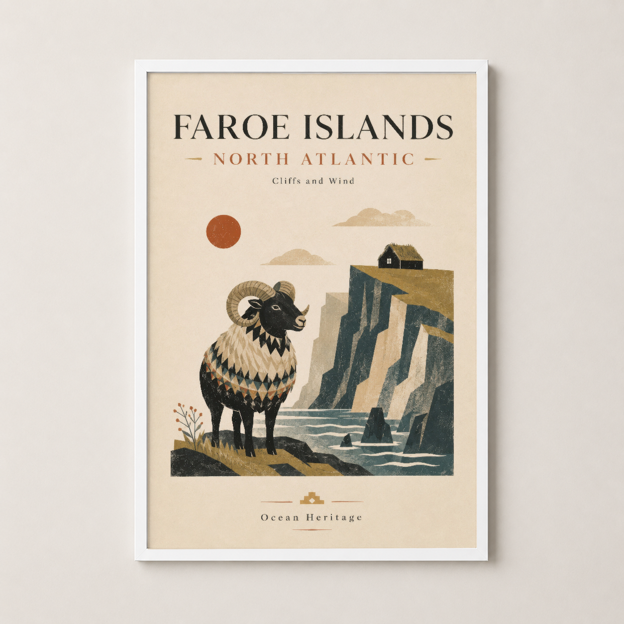 Faroe Islands sanat baskısı beyaz çerçevede, kuzey doğası ve kültürel mirasını yansıtan tasarım.