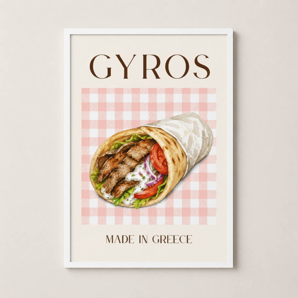Beyaz çerçeveli gyros posteri, aydınlık ve çağdaş mekanları tamamlayan zarif bir tasarım.