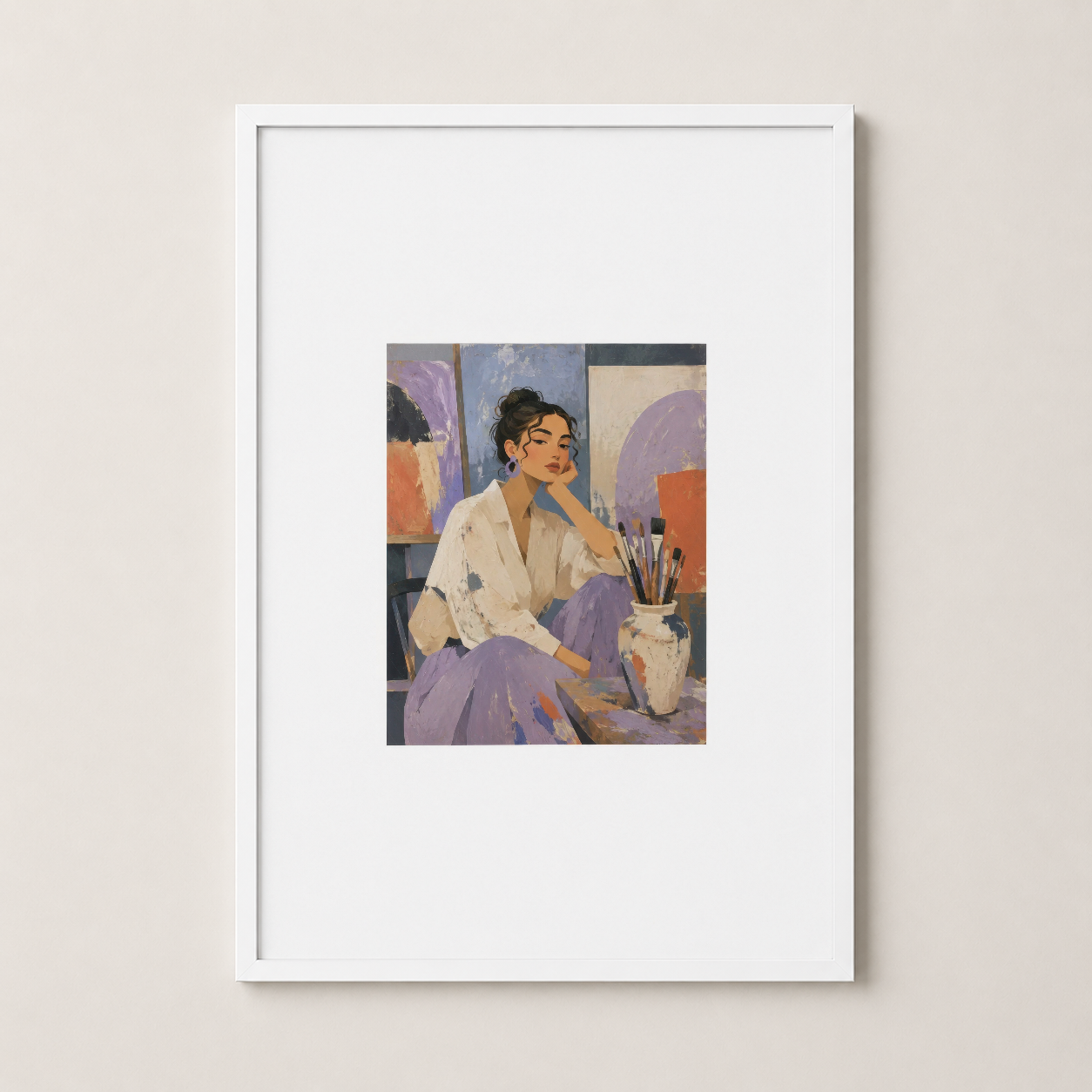 Beyaz çerçeveli contemporary sanat tablosu; renkli portre dekorasyonu.