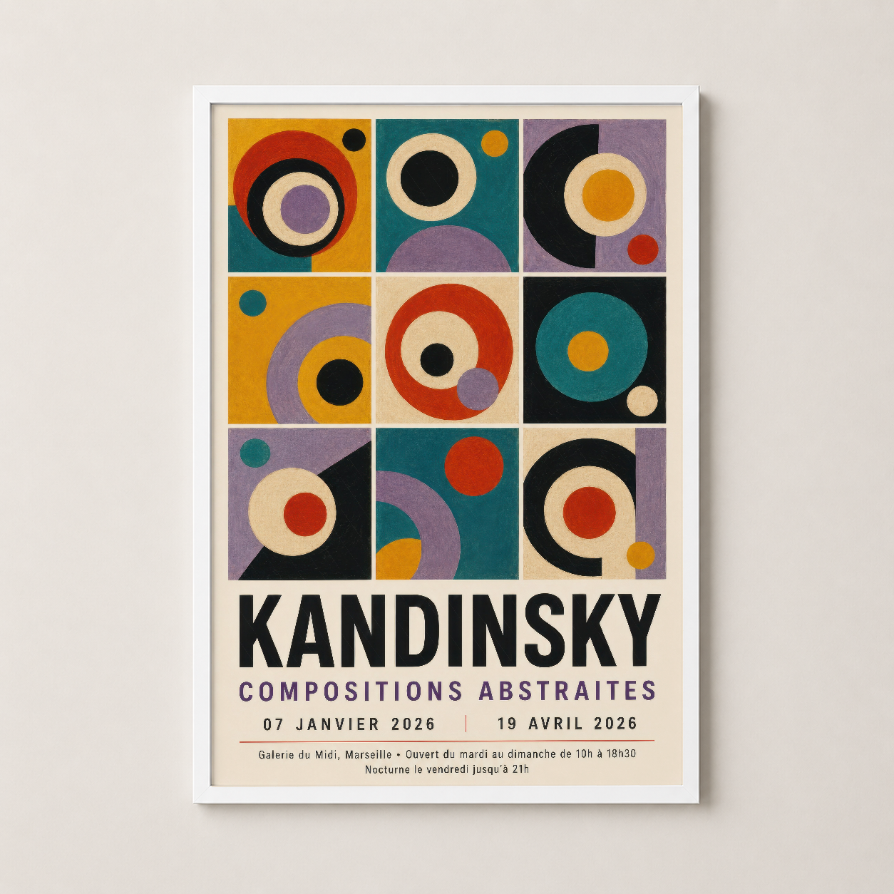 Beyaz çerçeveli Kandinsky soyut geometri tablosu, minimalist iç dekorasyonda duvar sanatı.