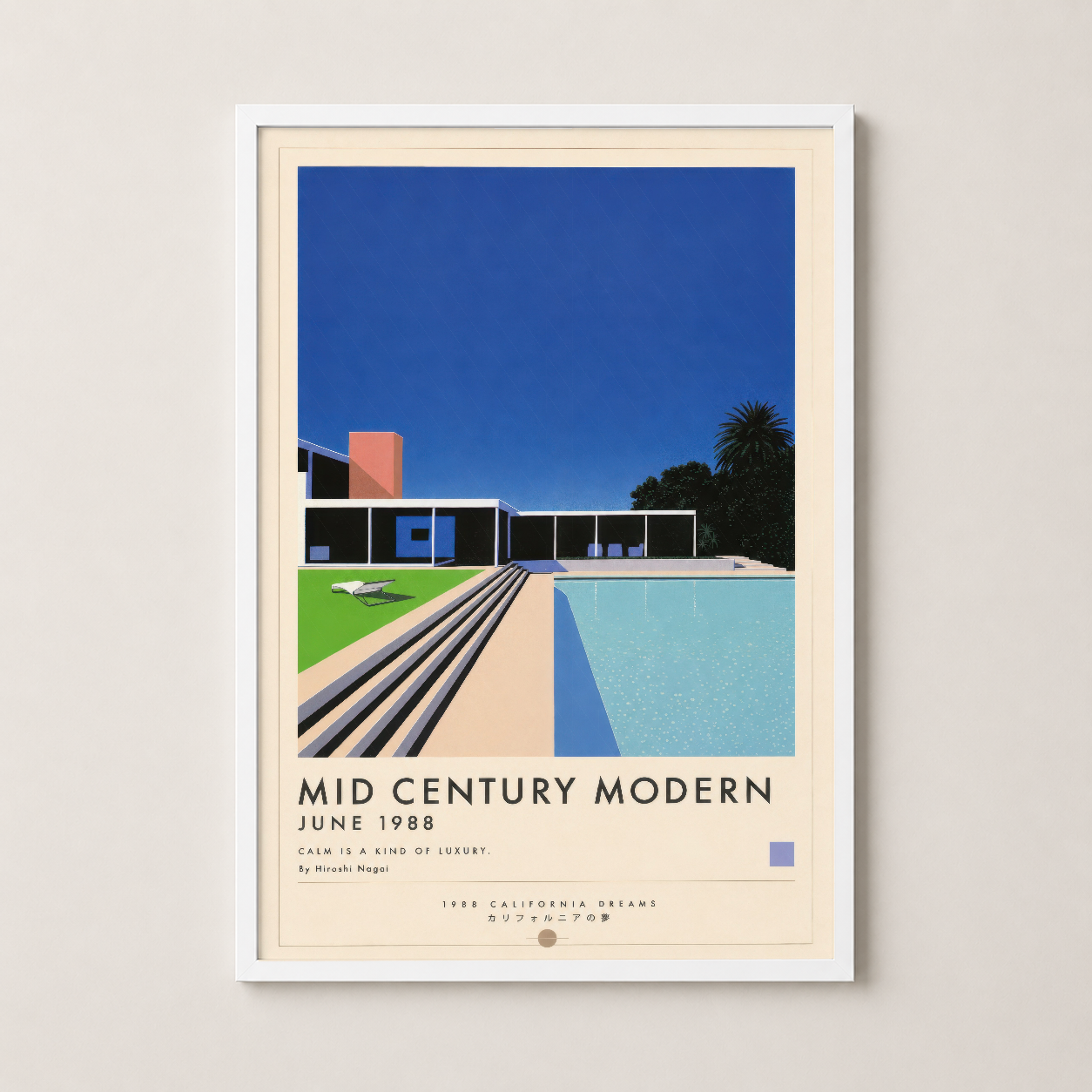 Beyaz çerçeveli Mid Century Modern sanat tablosu, retro çizim stilinde modernist mimari ve turkuaz havuz tasarımı.