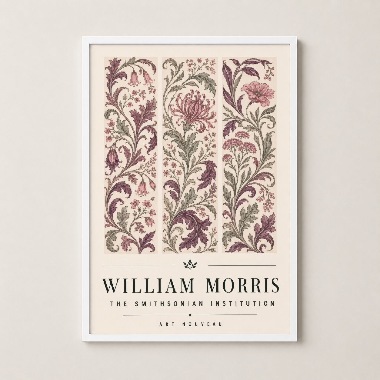 William Morris Art Nouveau tablosu beyaz çerçeveli, vintage botanik desenli sanat baskısı, modern iç mekan dekorasyonu.