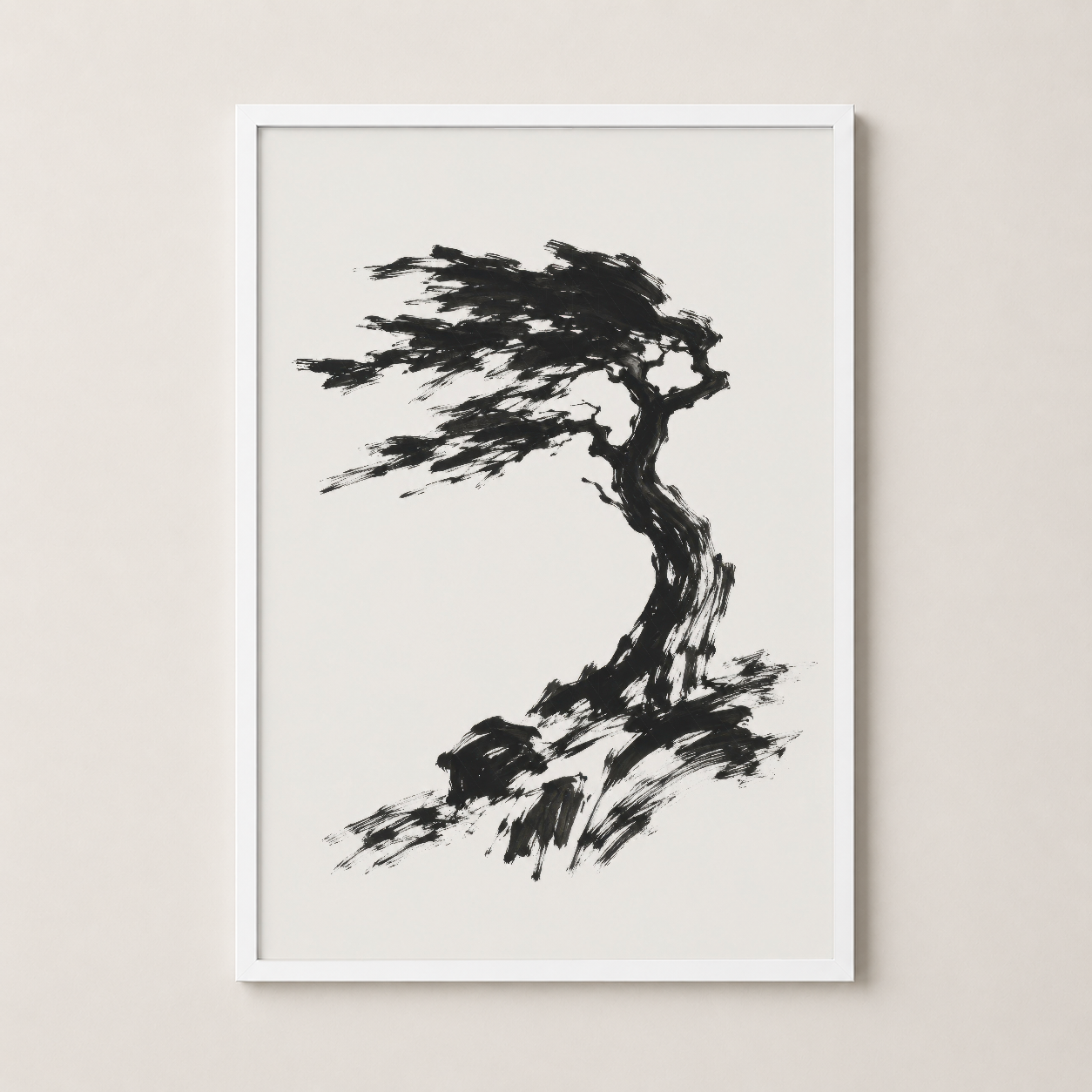 Beyaz çerçevede, hareketli fırça darbeleriyle resmedilen bonsai ağacı tasarımı, zarif dekorasyon.