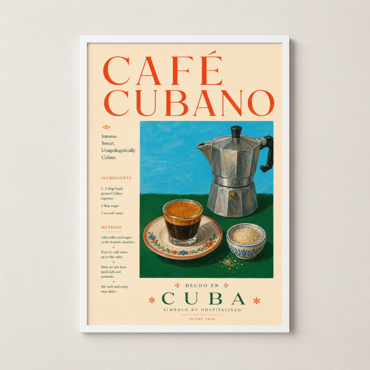 Café Cubano posteri beyaz çerçevelerde, yoğun ve tatlı Küba kahvesinin yapılış adımlarını gösteren dekoratif duvar sanatı.