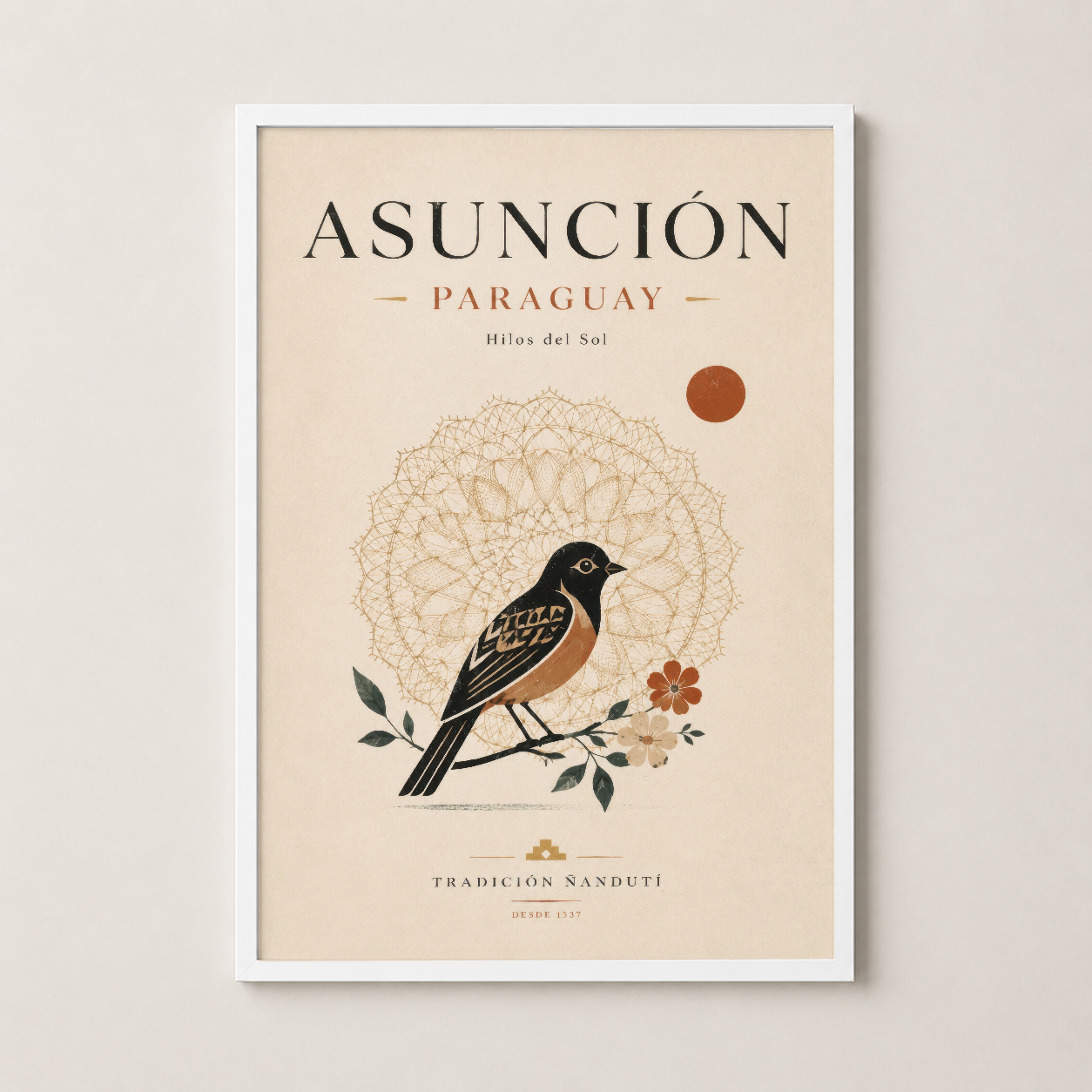 Beyaz çerçeveli Asunción Paraguay sanat tablosu, modern iç dekorasyonda.