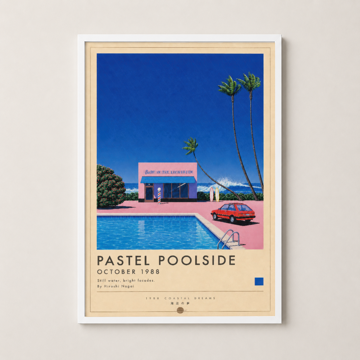 Pastel Poolside posteri beyaz çerçevede, soğuk tonlu pembe bina ve açık mavi gökyüzü tasarımı.