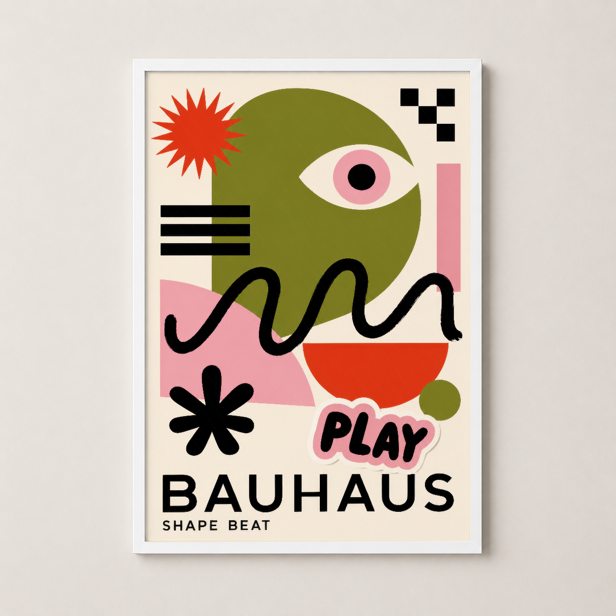 Bauhaus Play Shape Beat sanat eseri beyaz çerçeveli, minimalist iç tasarıma uyum sağlayan.