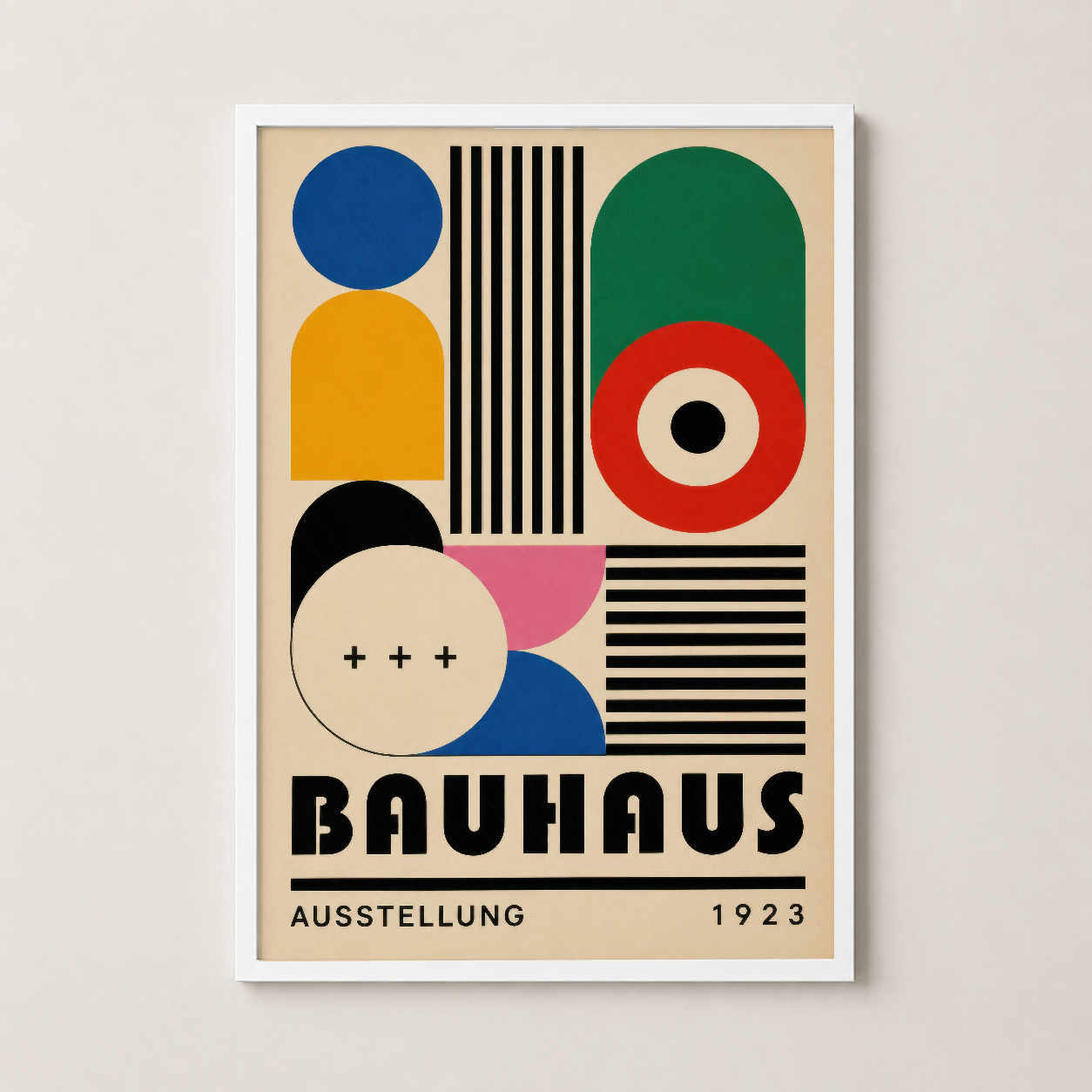 Bauhaus 1923 sanat posteri, beyaz çerçeveli, modernist tasarımda geometrik şekil ve renkler.