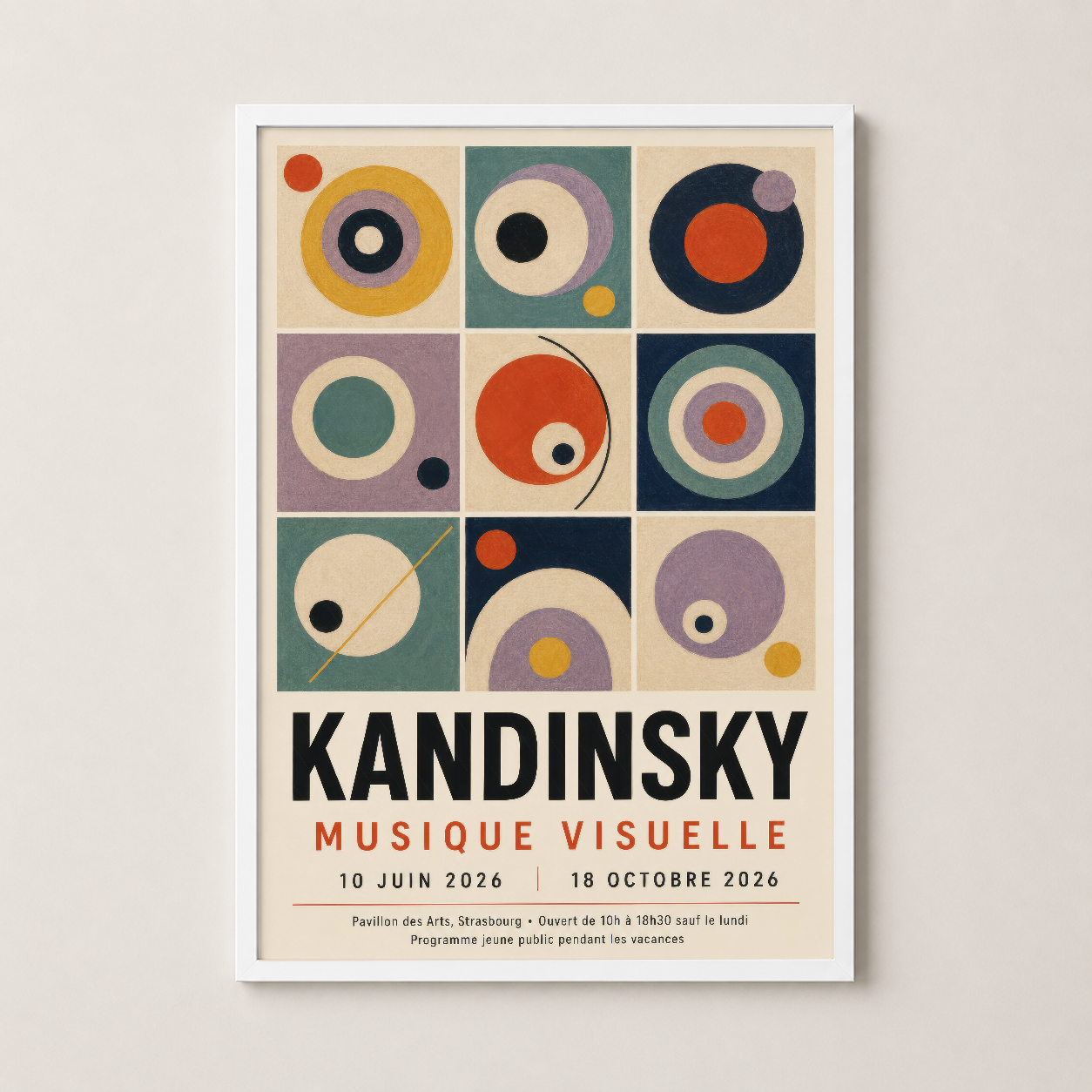 Kandinsky posteri beyaz çerçevede, pastel ve canlı renklerle tasarlanan soyut sanat, modern iç dekorasyona uygun.