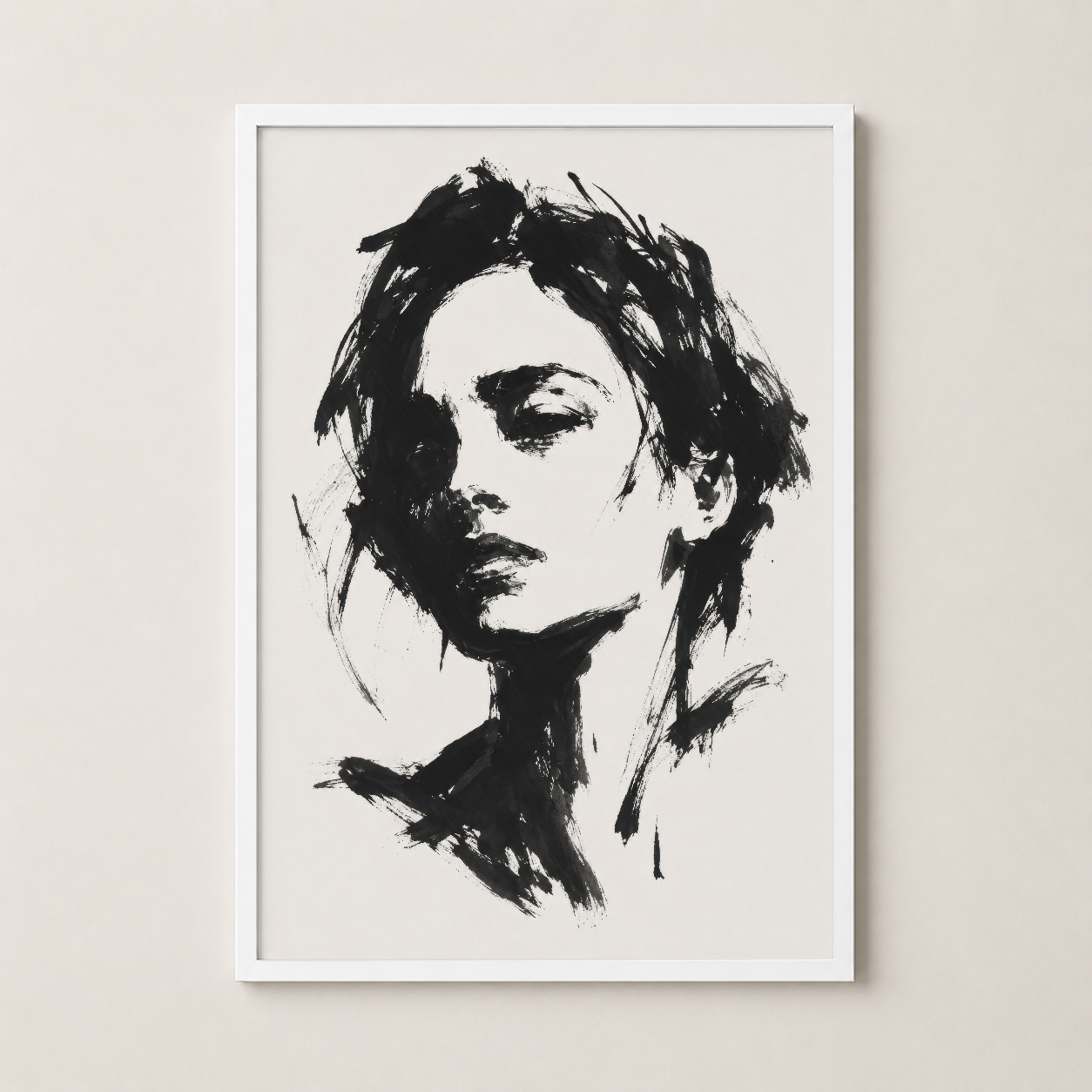 Beyaz çerçeveli portre tablosu, minimalist siyah beyaz sanat eseri, ev dekorasyonuna ideal.