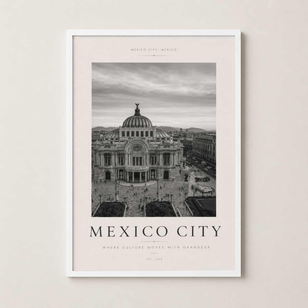 Temiz beyaz çerçeveli Mexico City tablosu, mimari fotoğrafıyla rafineli iç mekan dekoru.