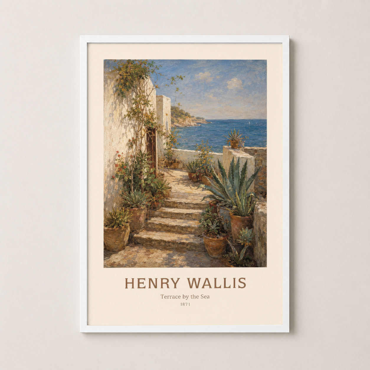 Beyaz ahşap çerçevede Henry Wallis Deniz Kenarındaki Teras, minimalist iç dekorasyona mükemmel uyum sağlayan sanat eseri.