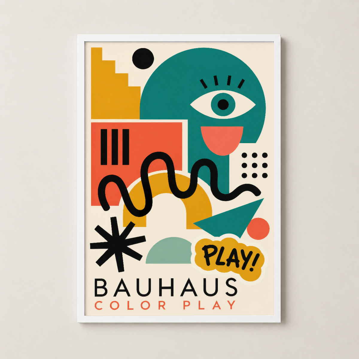 Bauhaus Color Play posteri beyaz çerçevede, soyut geometrik tasarımı odanın dekoratif merkezi haline getiren çağdaş sanat