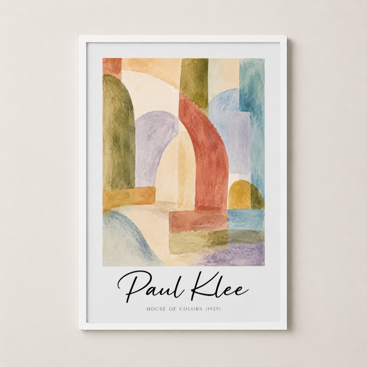 Paul Klee Renkli Ev tablosu beyaz çerçevede, modern dekorasyonda zarif bir sanat parçası.