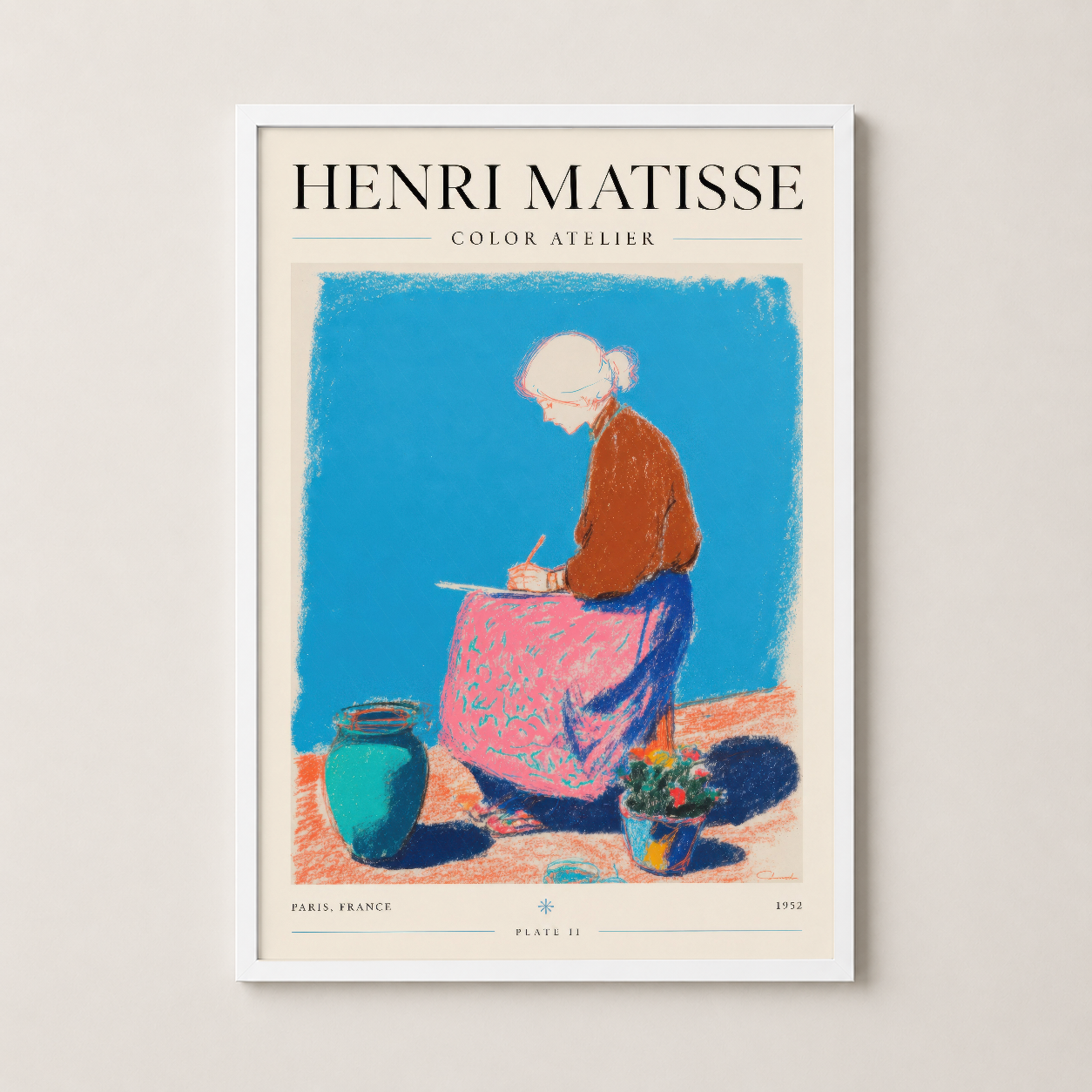 Matisse Color Atelier baskı beyaz çerçeveli, vintage sanat posteri, oturma odası ve galeri duvarları için ideal